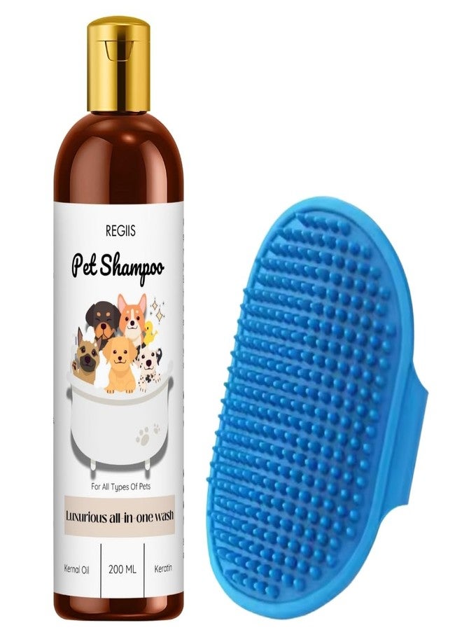 REGIIS REGIS Pet Shampoo and Grooming Brush Set, Luxurious All-in-One Wash with Keratin and Kemai Oil, 200ml, Blue Silicone Massage Brush for All Types of Pets(2 PACK) - Image 1